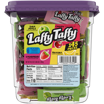 Laffy Taffy Assorted Mini Bars, Fruity Candy, Individually Wrapped, 145 Ct | Sour apple, cherry, strawberry, banana taffy, mini bars, individually wrapped, bulk tub, party, sharing