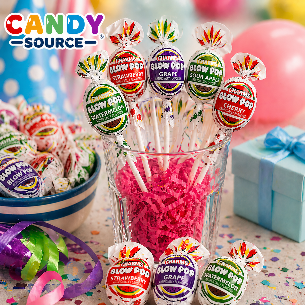 Blow Pop lollipops displayed in bulk quantity