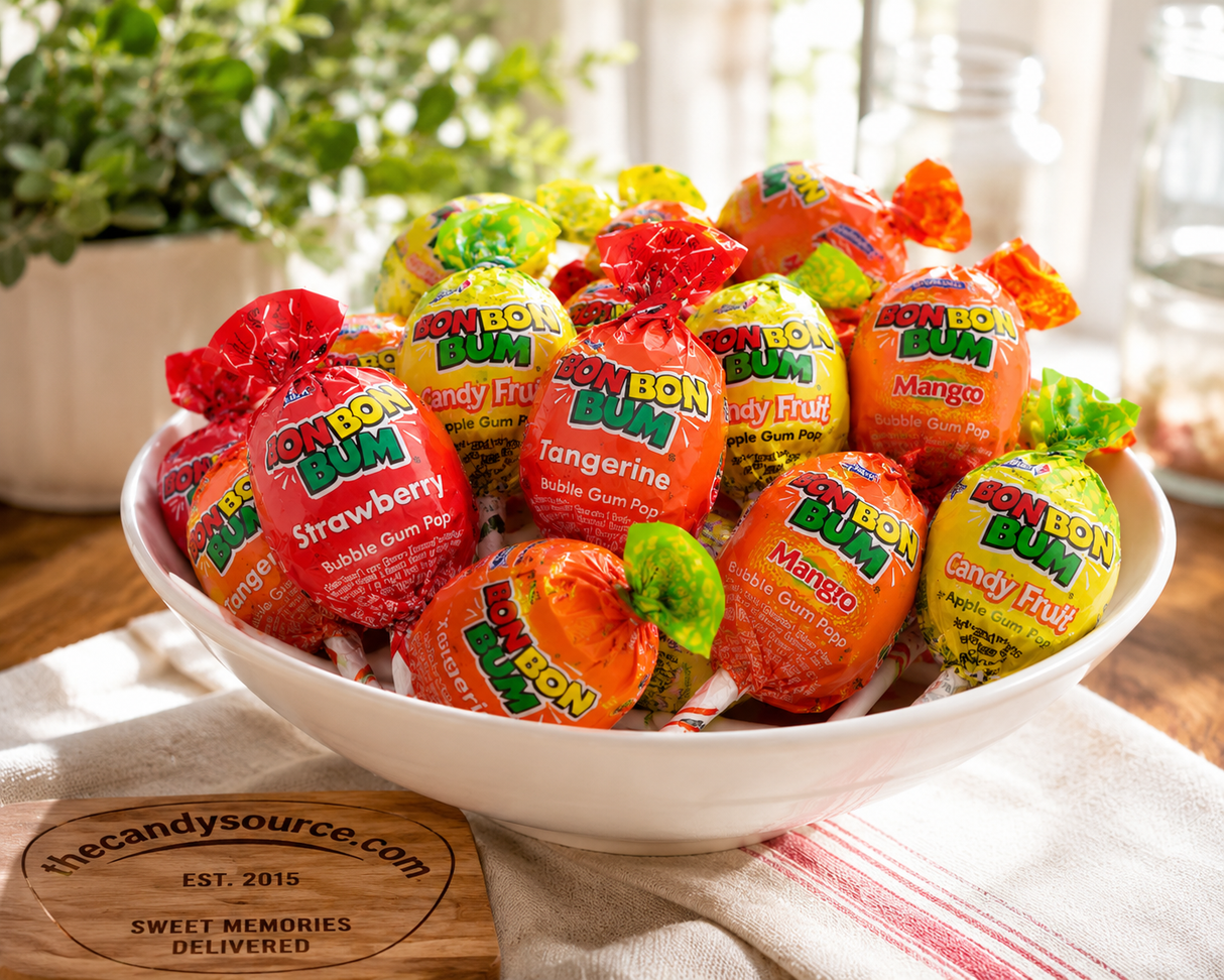 Bon Bon Bum assorted fruit bubble gum lollipops lifestyle bowl