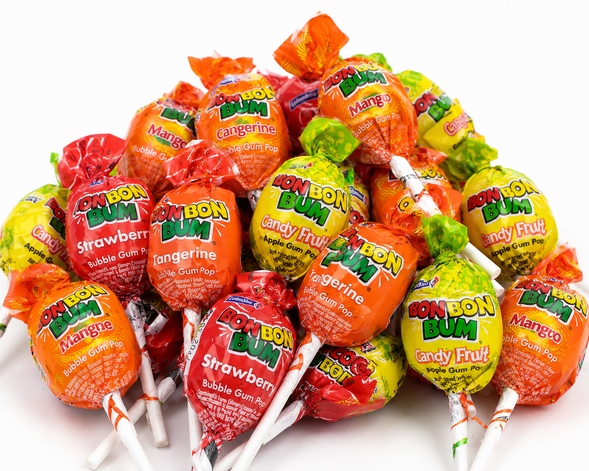 Bon Bon Bum assorted fruit bubble gum lollipops pile