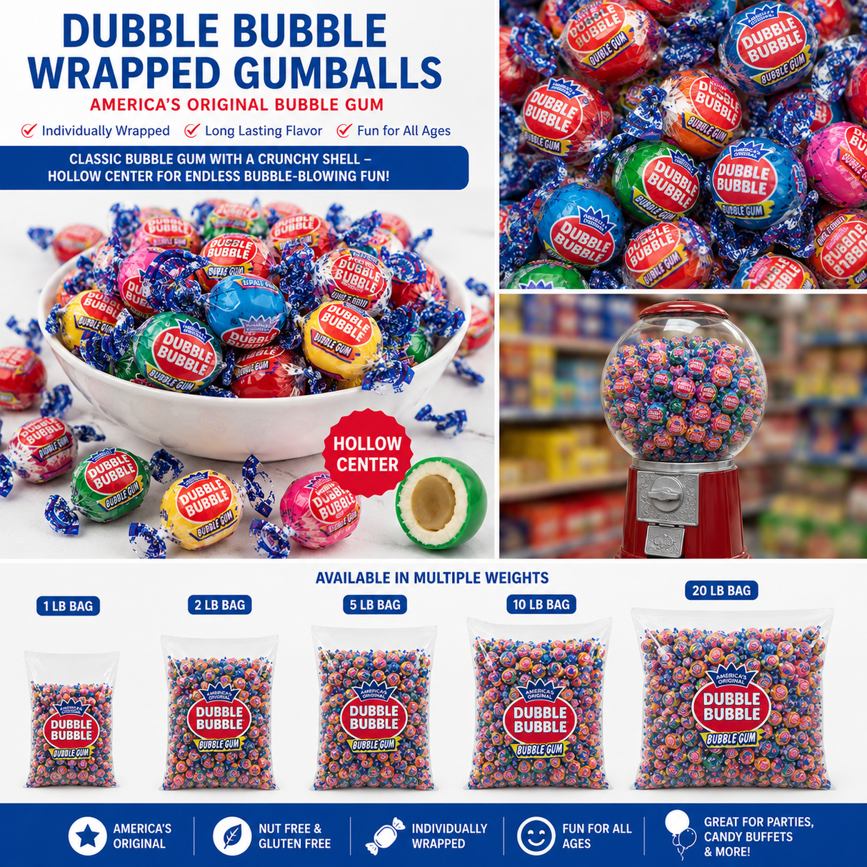 Dubble Bubble individually wrapped assorted gumballs in 1 lb, 2 lb, 5 lb and 10 lb bulk options