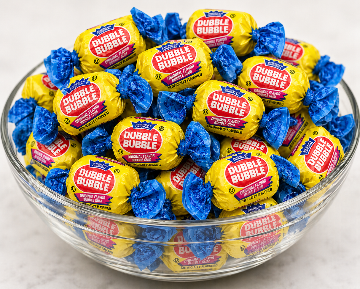 Dubble Bubble gum pieces shown in a serving dish