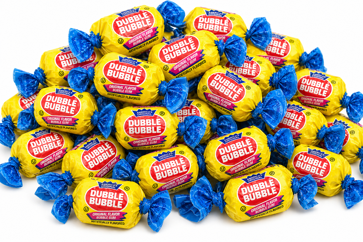 Bulk Dubble Bubble Original Twist gum, individually wrapped pink pieces