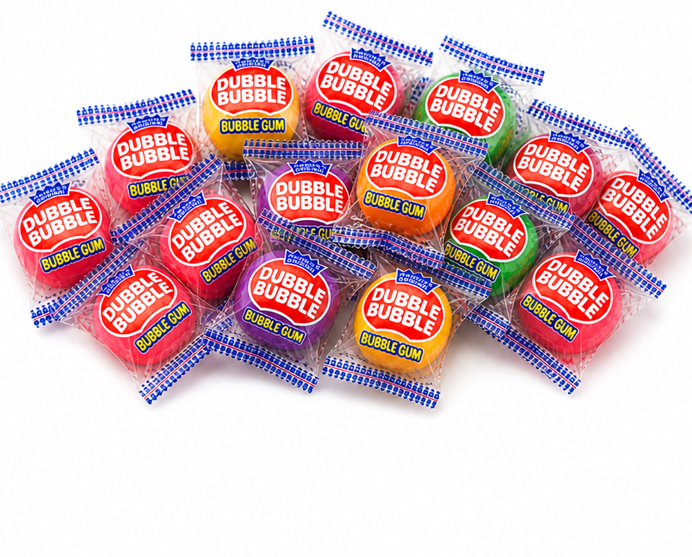 Bulk Dubble Bubble gumballs, colorful individually wrapped assortment