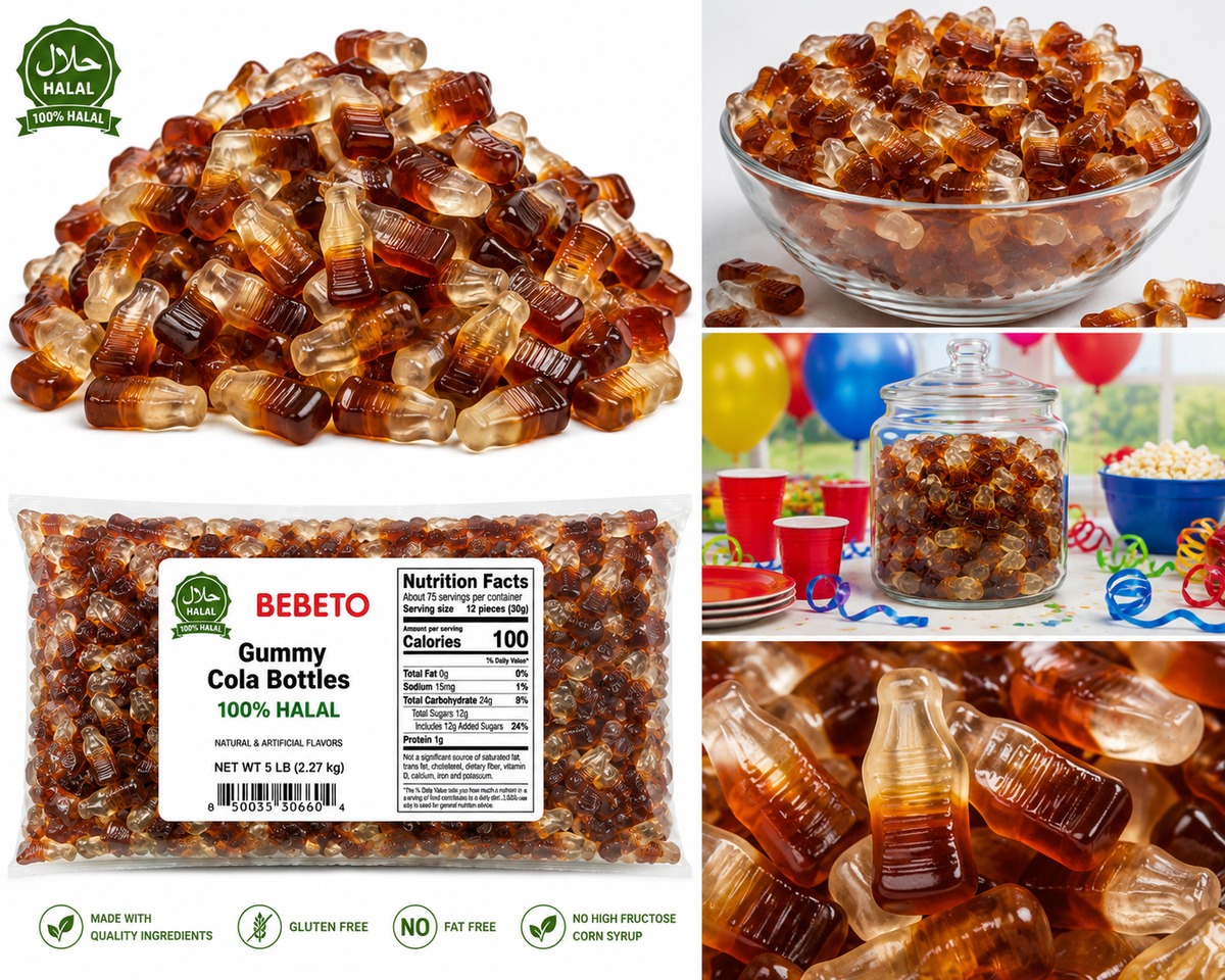 Kervan Bebeto halal gummy cola bottles with pile, bowl, party display and close-up