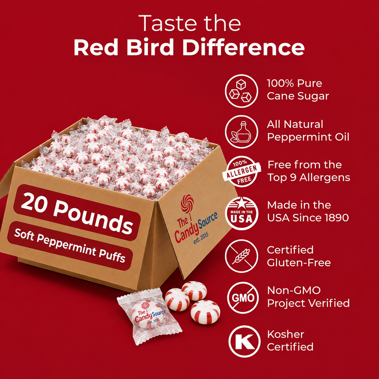 Red Bird Soft Peppermint Puffs product information graphic for 20 lb bulk case