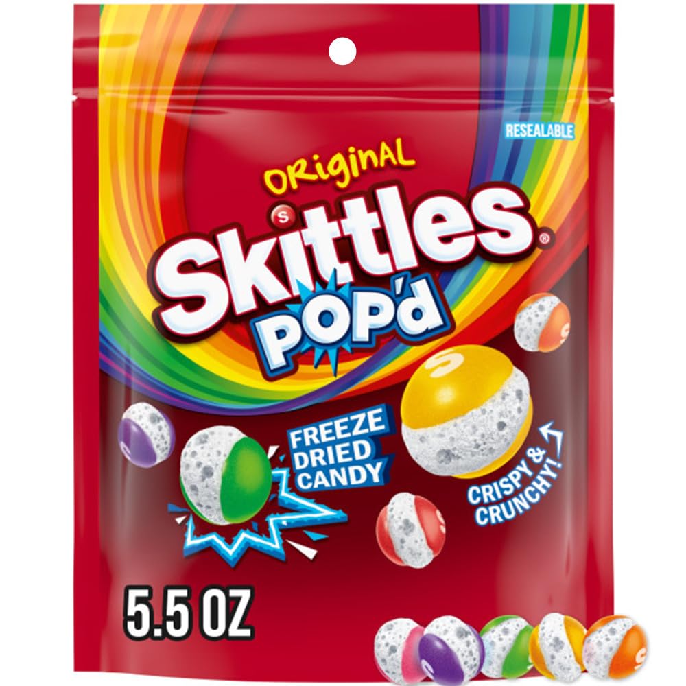 SKITTLES POP'd Originals Freeze Dried Candy, Resealable Bag, 5.5 oz | Crunchy freeze dried candy rainbow bites, crunchy fruity flavor candies for snack time and movie nights, party, goodie bags