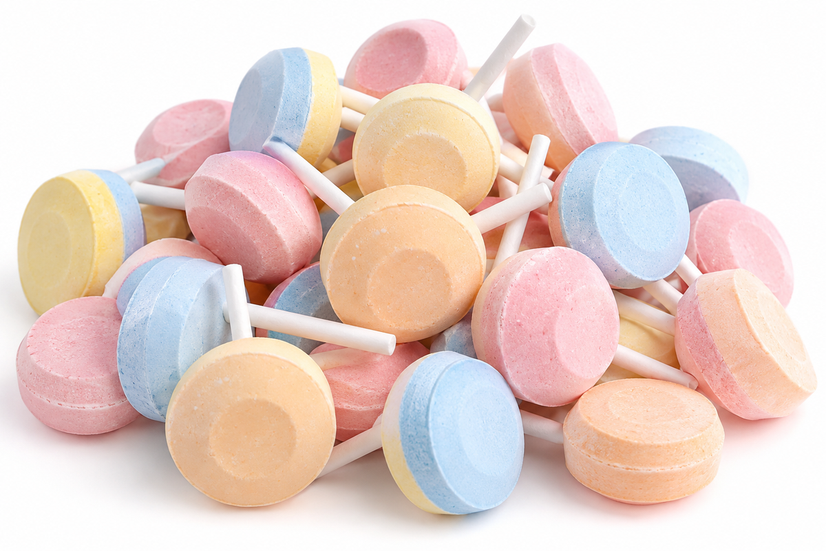 Unwrapped pastel Smarties lollipops in a bulk candy pile