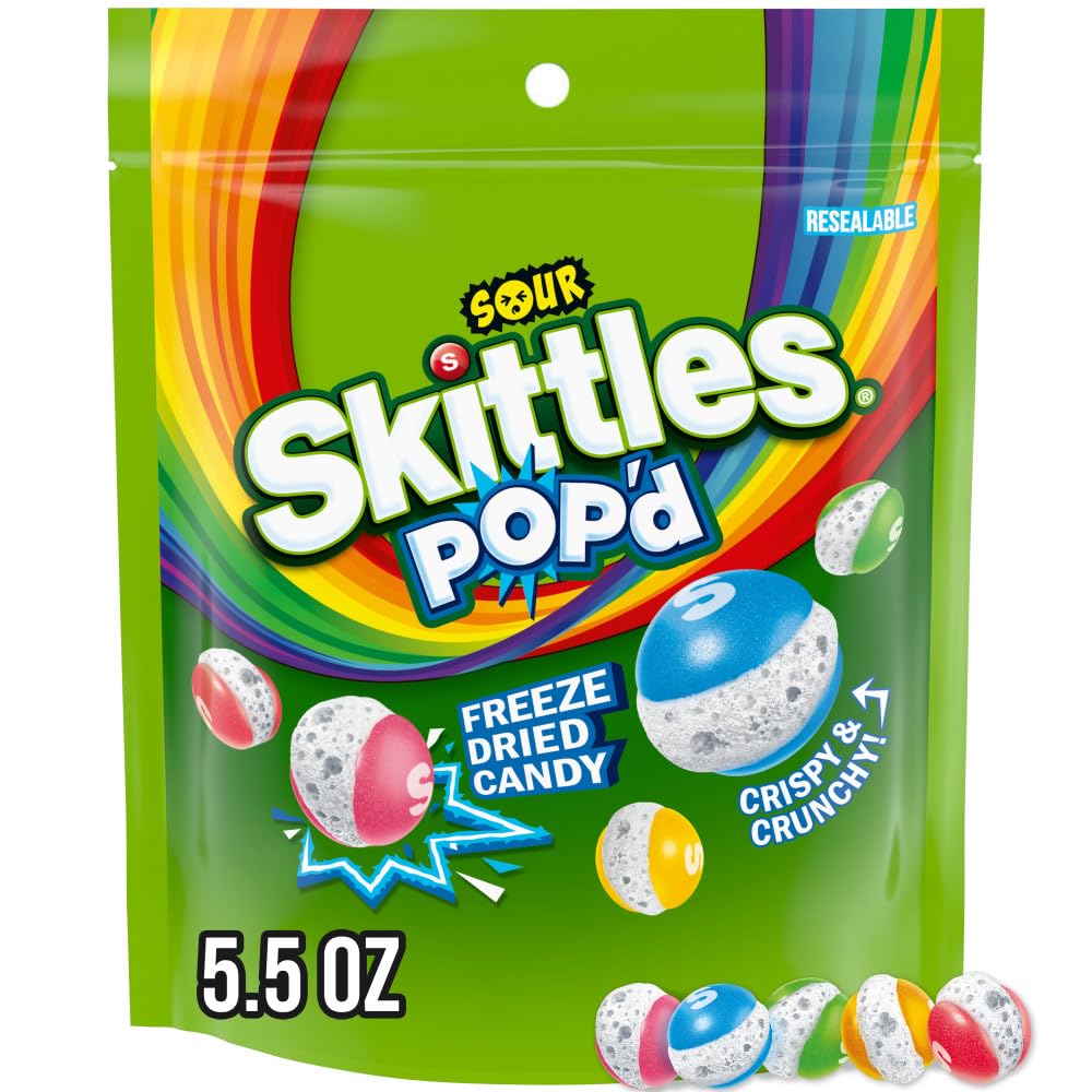 SKITTLES POP'd Sour Freeze Dried Candy, Resealable Bag, 5.5 oz | Crunchy freeze dried candies with intense sour tangy flavor for snack time, movie nights, party favors, road trip, sharing
