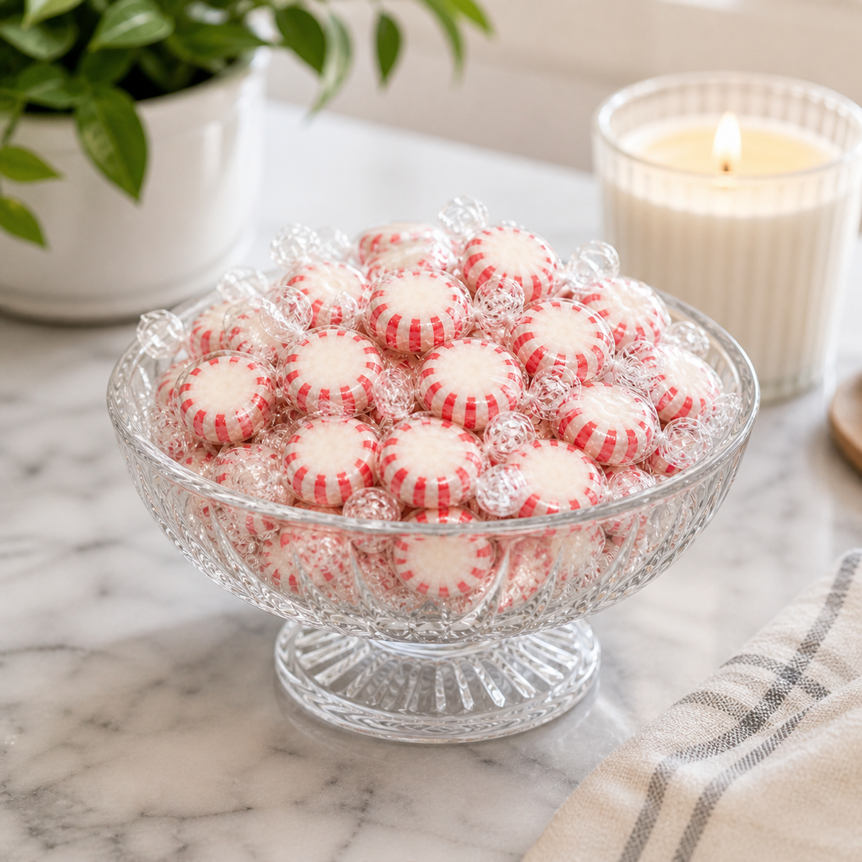 Peppermint starlight mints shown in a serving dish