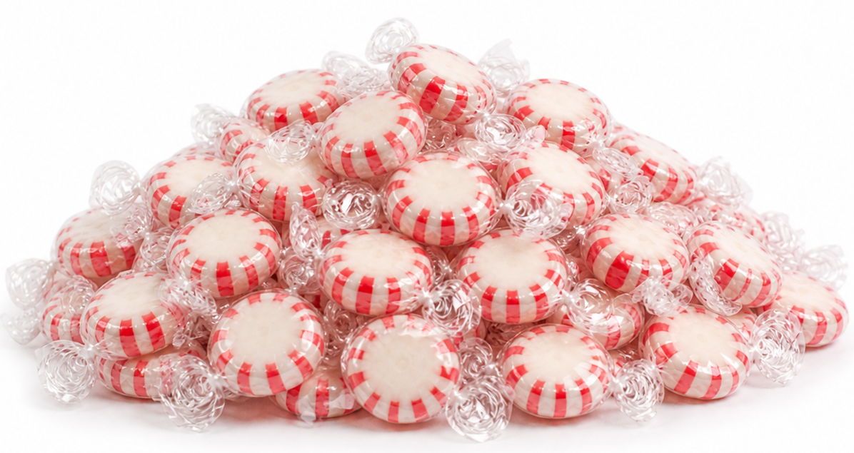 Bulk peppermint starlight mints, red and white, individually wrapped