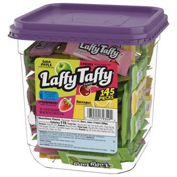 Laffy Taffy Assorted Mini Bars, Fruity Candy, Individually Wrapped, 145 Ct | Sour apple, cherry, strawberry, banana taffy, mini bars, individually wrapped, bulk tub, party, sharing