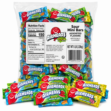 Airheads Sour Mini Bars assorted flavors 5 lb bulk bag with individually wrapped candy