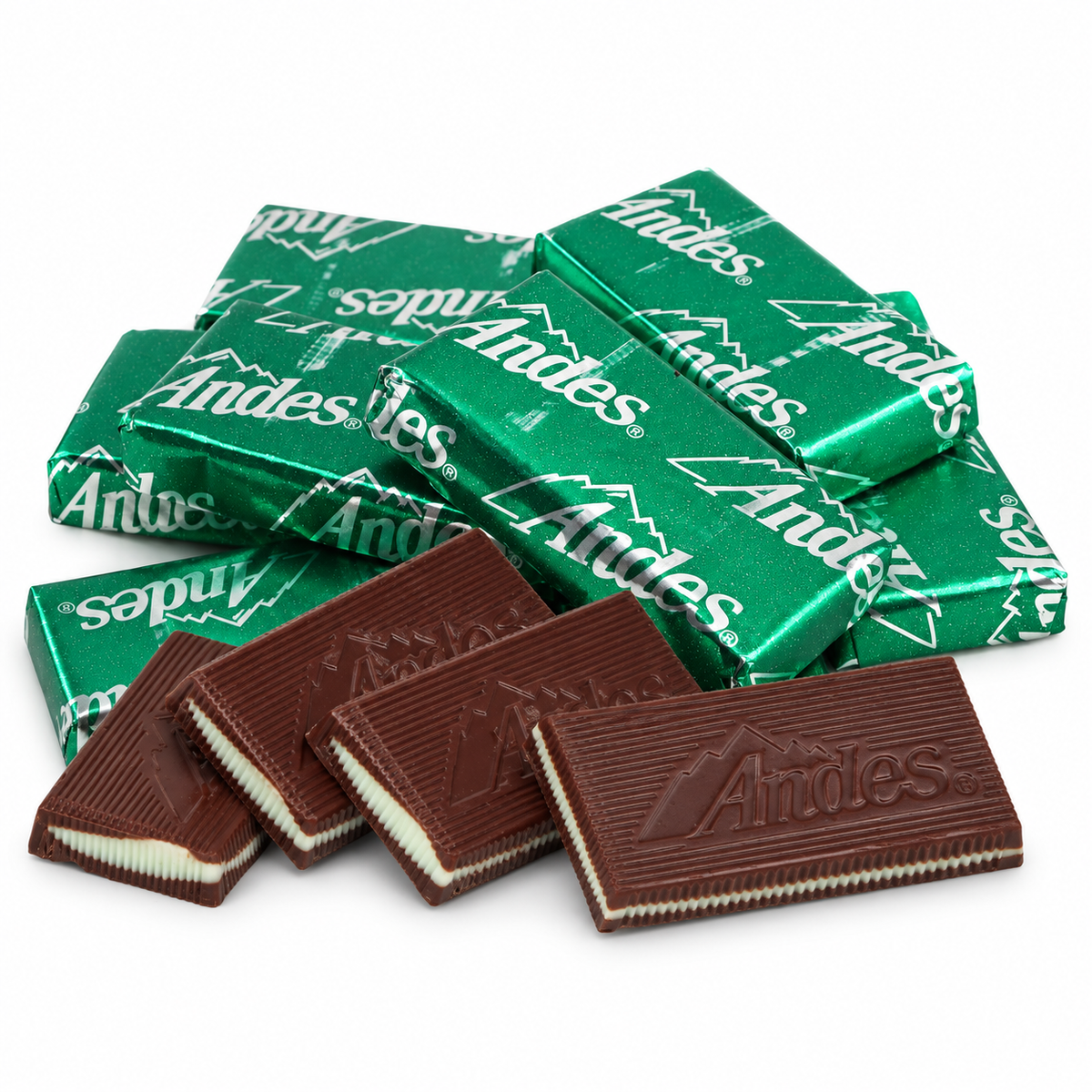 Andes mints in green foil wrappers with unwrapped chocolate mint layers