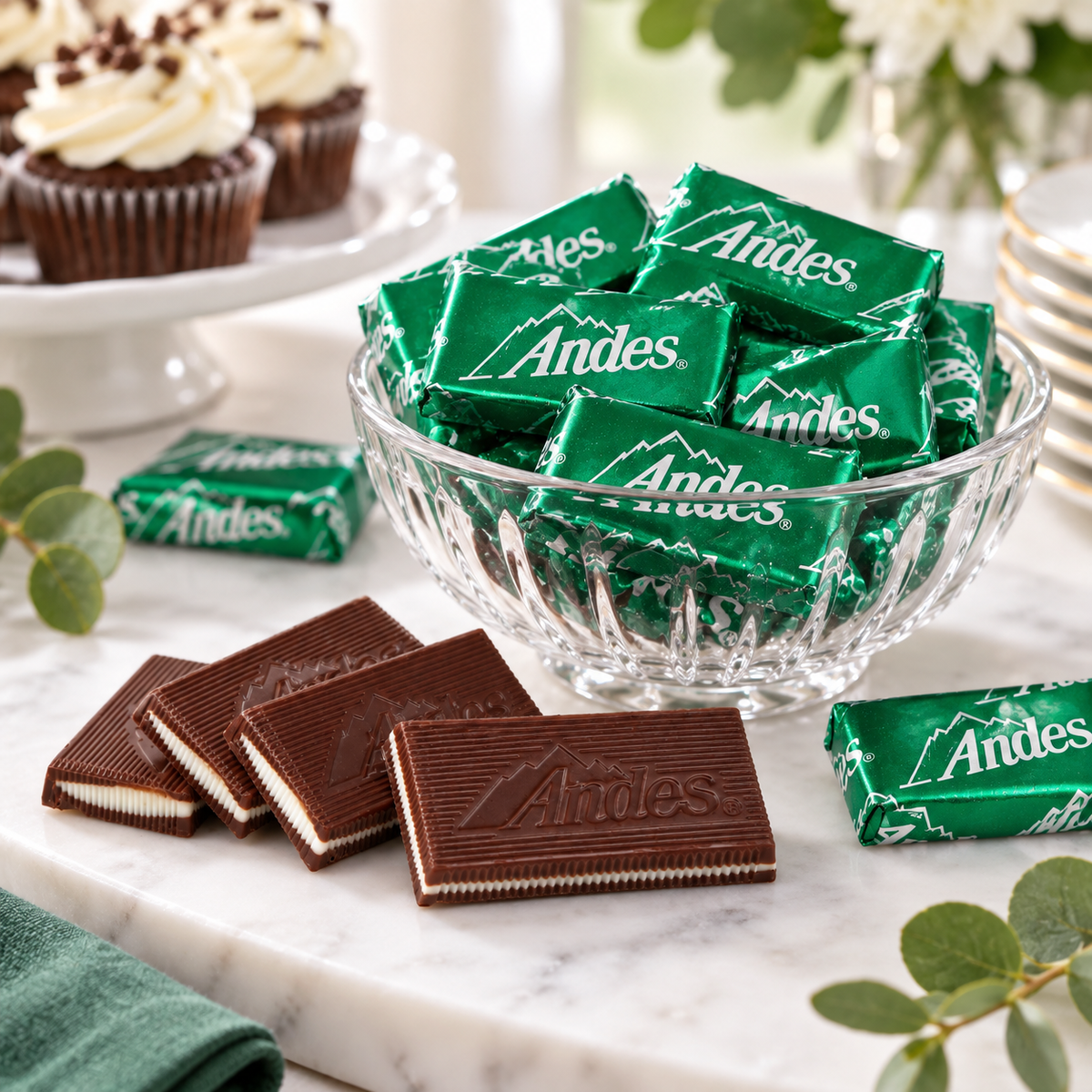 Andes chocolate mints in a glass candy dish on a dessert table with unwrapped chocolate mint pieces