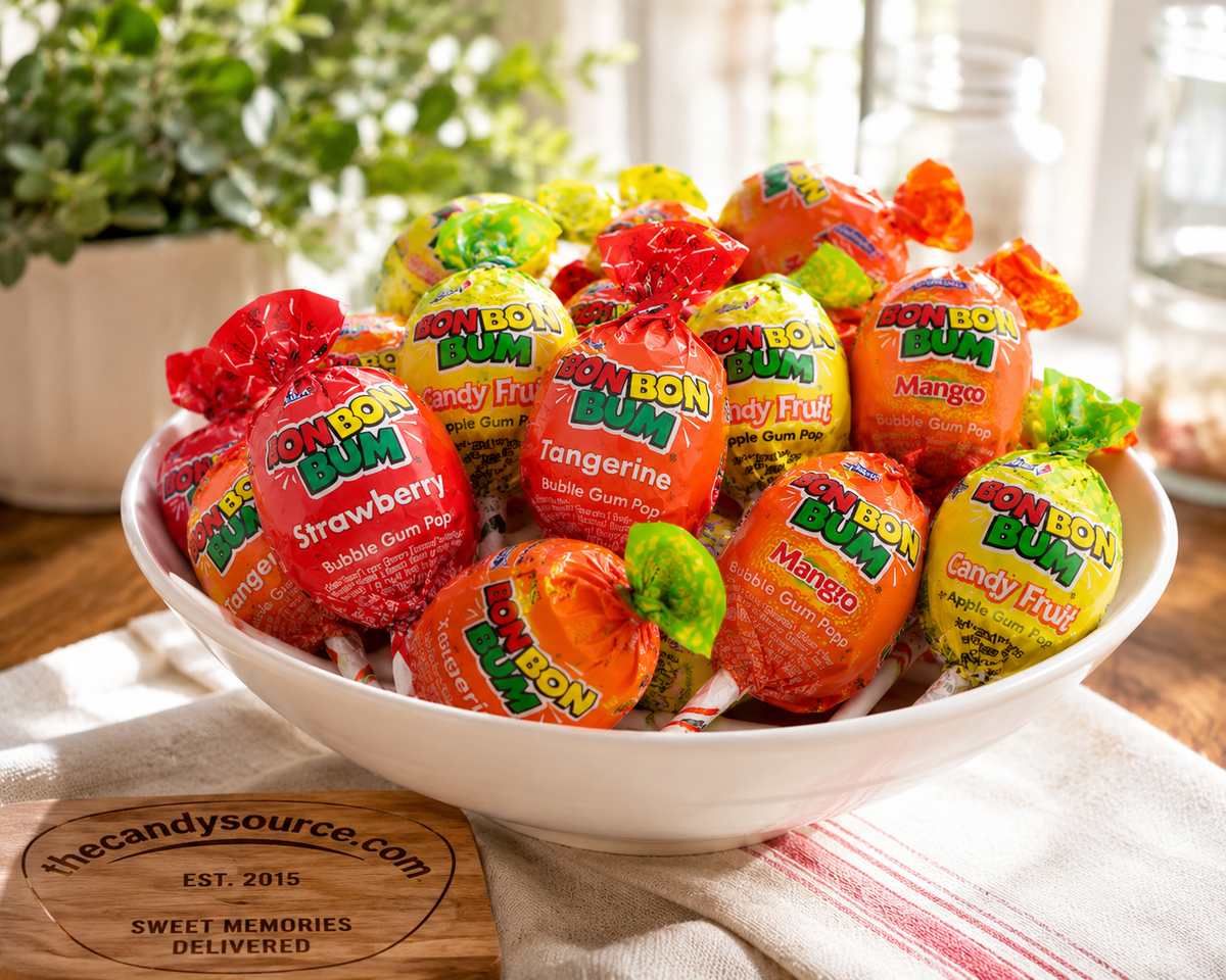Bon Bon Bum assorted fruit bubble gum lollipops lifestyle bowl