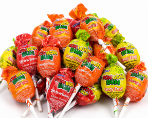 Bon Bon Bum assorted fruit bubble gum lollipops pile