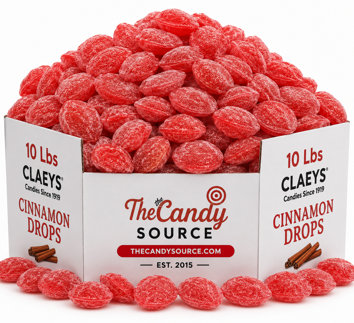 Claeys Cinnamon Drops hard candy in a 10 lb bulk box