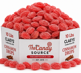 Claeys Cinnamon Drops hard candy in a 10 lb bulk box