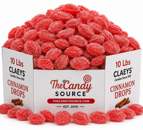 Claeys Cinnamon Drops hard candy in a 10 lb bulk box