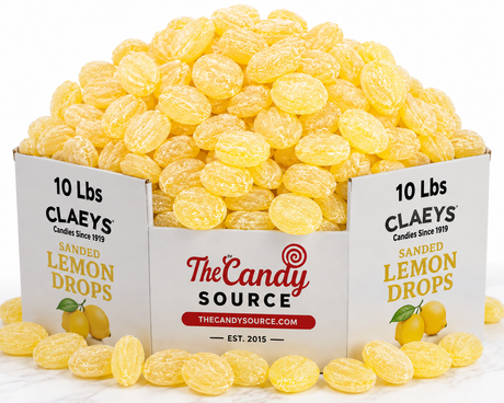 Claeys Sanded Lemon Drops hard candy in a 10 lb bulk box