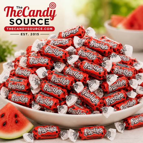 Pile of individually wrapped Tootsie Frooties Watermelon chewy candies
