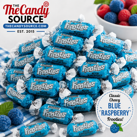 Pile of individually wrapped Tootsie Frooties Blue Raspberry chewy candies