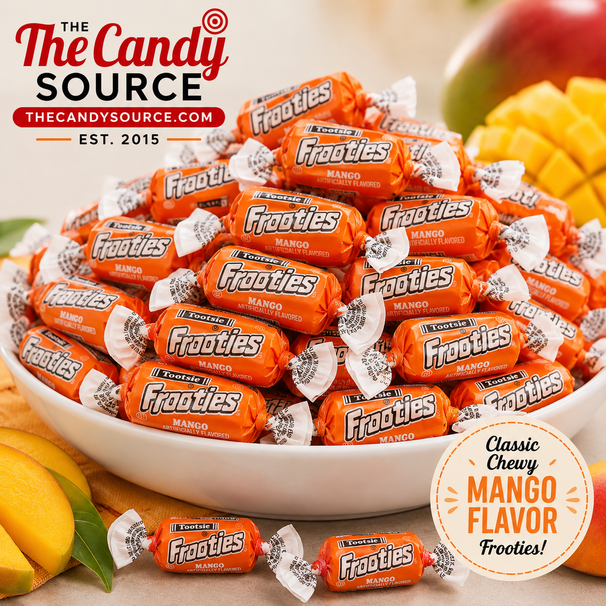 Pile of individually wrapped Tootsie Frooties Mango chewy candies