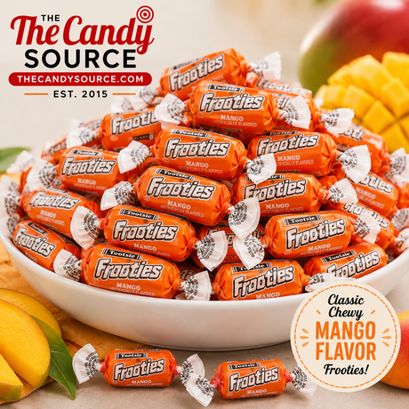 Pile of individually wrapped Tootsie Frooties Mango chewy candies