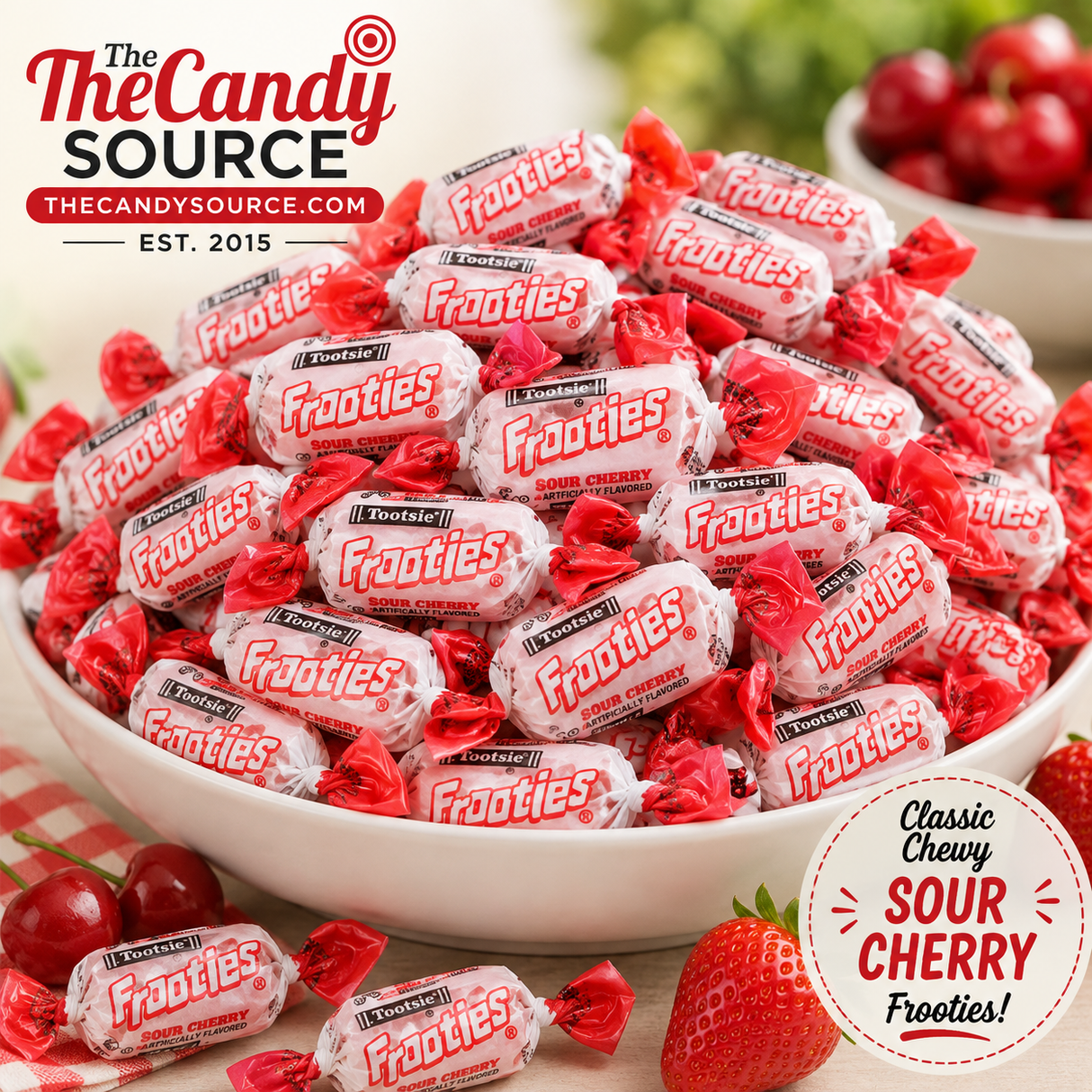 Pile of individually wrapped Tootsie Frooties Sour Cherry chewy candies