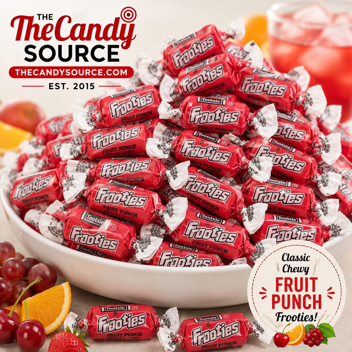 Pile of individually wrapped Tootsie Frooties Strawberry candies