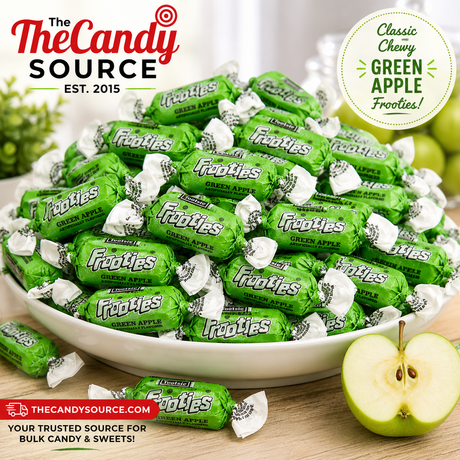 Pile of individually wrapped Tootsie Frooties Green Apple chewy candies