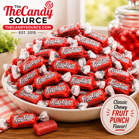 Pile of individually wrapped Tootsie Frooties Fruit Punch chewy candies