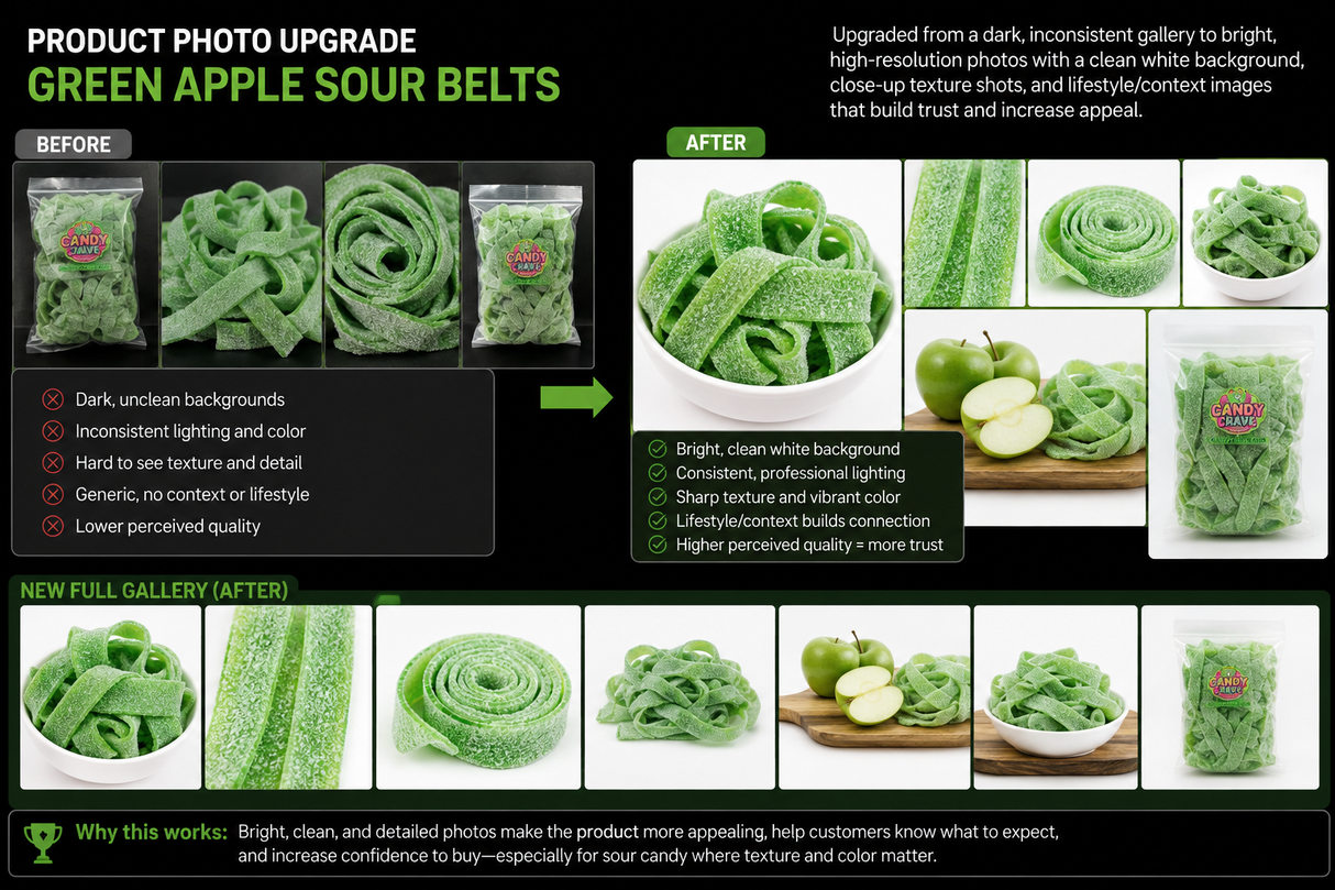 Green Apple Sour Belts product photo gallery showing candy texture, bowl, rolled belts and lifestyle presentation