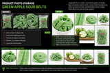 Green Apple Sour Belts product photo gallery showing candy texture, bowl, rolled belts and lifestyle presentation