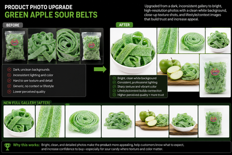 Green Apple Sour Belts product photo gallery showing candy texture, bowl, rolled belts and lifestyle presentation