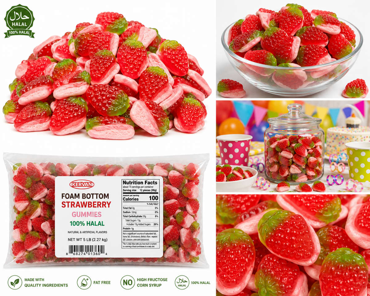 Kervan halal foam bottom strawberry gummies with pile, bowl, party display and close-up