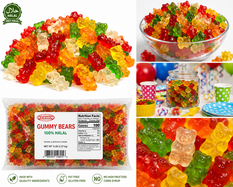 Kervan halal gummy bears bulk candy with pile, bowl, party display and close-up