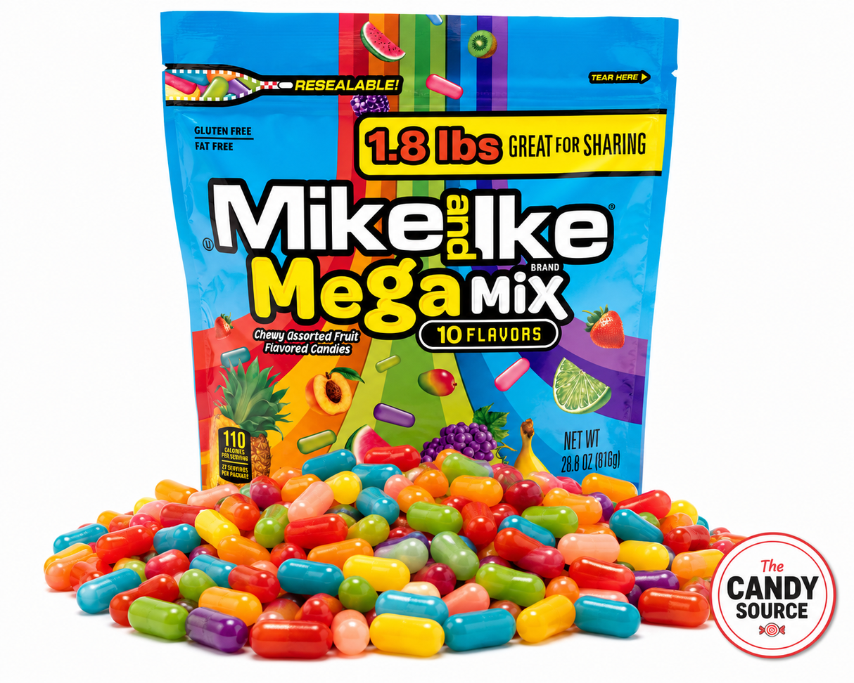 Mike and Ike Mega Mix 1.8 lb resealable bag with colorful chewy candy pile - The Candy Source