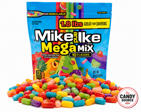 Mike and Ike Mega Mix 1.8 lb resealable bag with colorful chewy candy pile - The Candy Source