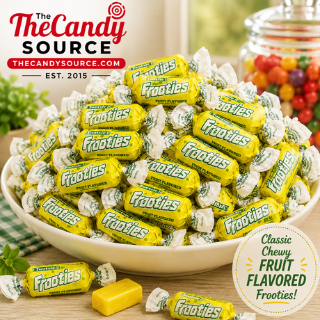 Pile of individually wrapped Tootsie Frooties Pineapple chewy candies