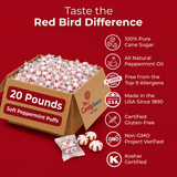 Red Bird Soft Peppermint Puffs product information graphic for 20 lb bulk case