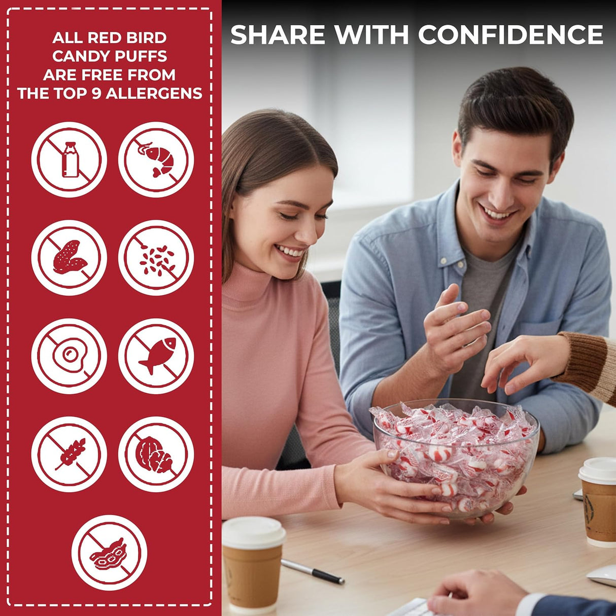 Individually wrapped Red Bird Soft Peppermint Puffs in a lifestyle serving display