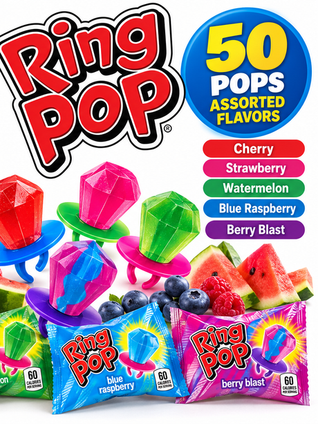 Five assorted Ring Pop flavors, 50 count
