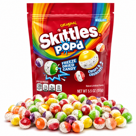 SKITTLES POP'd Originals 5.5 oz freeze dried candy bag with colorful crunchy candy pile