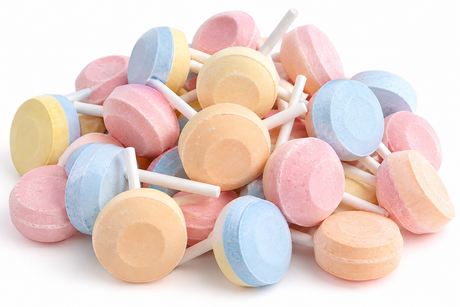 Unwrapped pastel Smarties lollipops in a bulk candy pile