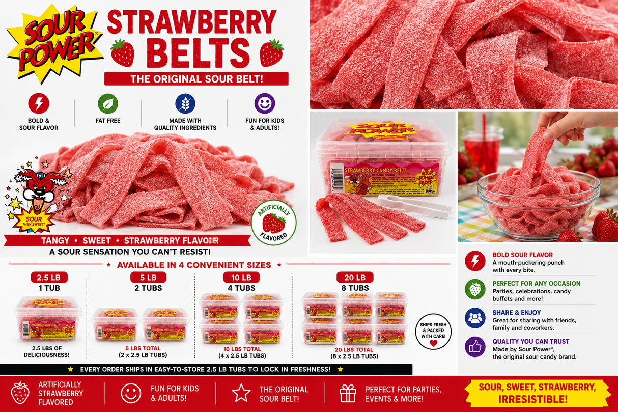 Sour Power Strawberry Belts bulk candy showing 2.5 lb tub packaging and 2.5 lb, 5 lb, 10 lb and 20 lb order quantities