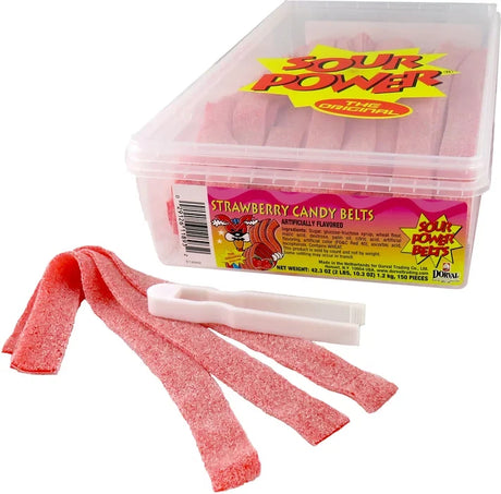 Sour Power Strawberry Belts in the original 2.5 lb tub with sugar-coated strawberry belts