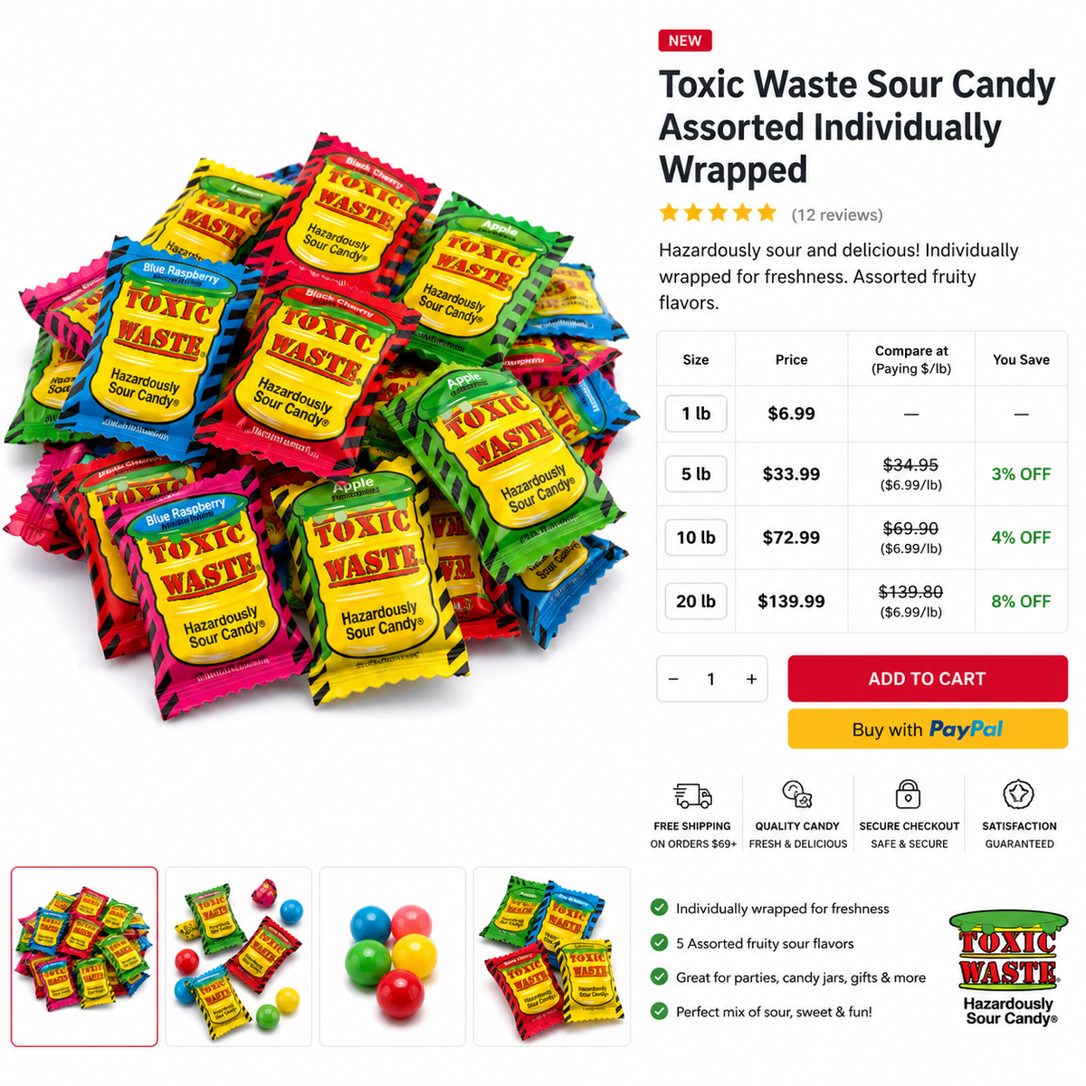 Toxic Waste assorted individually wrapped sour candy pile